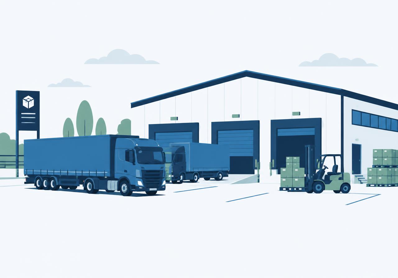 Ilustracja: baza logistyczna z ciężarówkami i wózkiem widłowym
